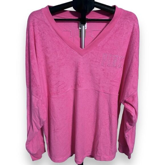 Victoria's Secret Tops - Victoria's Secret PINK Women's V-Neck Terry Pullover XL Pink Long Sleeve